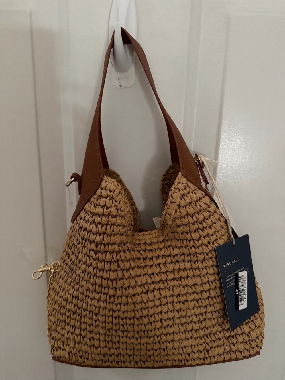 Woven Straw Hobo Tote with Brown Leather Trim - Picture 6 of 10